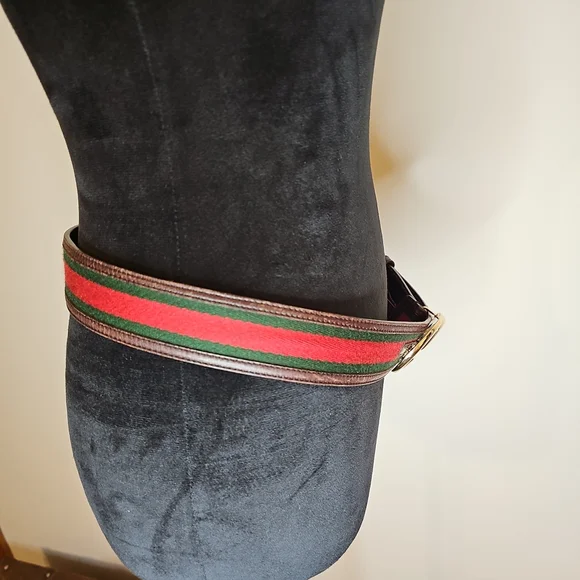 Gucci Women's Leather And Canvas Belt with Red and Green Stripes Vintage - Picture 5 of 11
